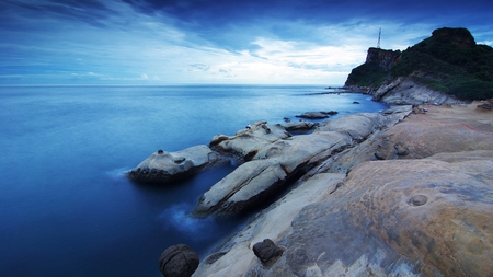 somewhere in taiwan - boulders, sea, man, shore