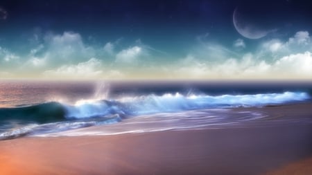 fantasy beach scape - spray, moon, waves, beach