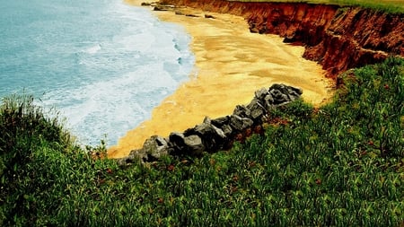 the dream beach - red cliffs, beach, bushes, rocks