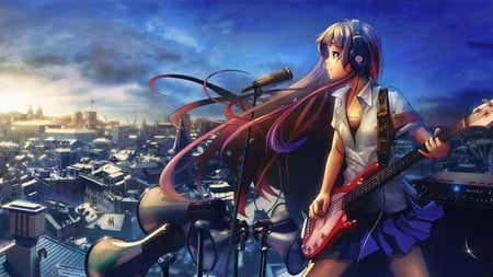 Music for the Town - idol, anime, hot, sunrise, city, cool, pink, music, guitar, rebel, school girl