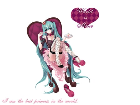 anime - anime, vocaloid, legs, food, girl, hatsune miku, long hair, white, world, rown, nana, mikoto