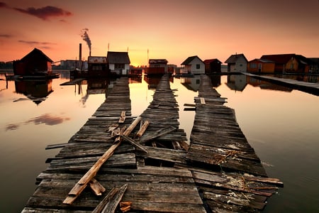 Fork in the road - path, lake, sunset, beautiful