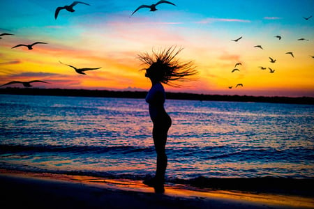 Eclectic sunset - female, sunset, beach, woman, beautiful, waves