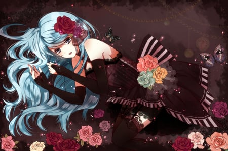 anime - anime, dress, girl, flower, long hair, dark, hatsun, aqua eyes, butterfly, aqua hair