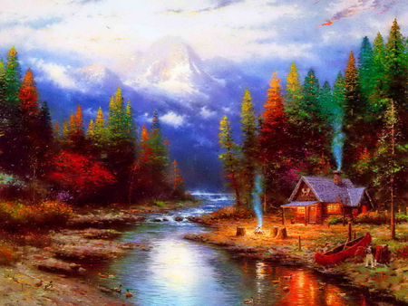 A quiet evening - silence, romantic, cabin, reflection, mountain, calmness, countryside, cottage, sky, clouds, house, trees, water, beautiful, snowy, rest, river, painting, smoke, peaceful