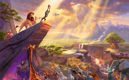 the lion king - carton, sky, landscape, lion, movie, cliff, sun, cartoon, king, giraffe, simba, painting, the, clouds, 3d