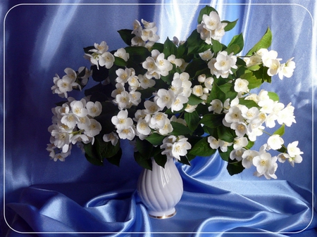 Sweet jasmine for Jasenka - beauty, silk, gift, jasmine, bouquet, vase, spring, clothe, flowers