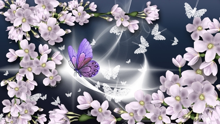 Flower Mirage - flowers, glow, butterflies, waves, lavender butterfly, light