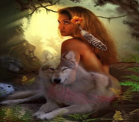 His Spirit Lives On - woman, wolf, spirit, abstract, fantasy