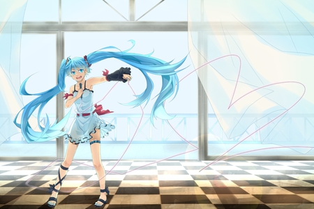 Hatsune Miku - aqua, hot, thigh highs, heart, thighhighs, music, anime girl, wind, white, amazing, art, cool, window, aqua eyes, checkered, artistic, hatsune miku, sexy, song, stunning, vocaloids, program, vocaloid, pink, beautiful, uniform, diva, beauty, nice, twintail, singer, aqua hair, black, virtual, pretty, idol, anime, miku, cute, twin tail, girl, cg, hatsune, blue, awesome, digital, outfit