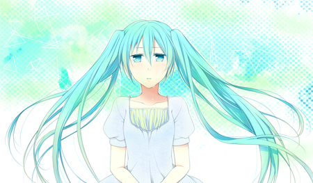 Hatsune Miku - pretty, artistic, tears, twin tail, stunning, nice, program, beauty, virtual, cg, white, cute, song, outfit, vocaloid, anime, blue, amazing, twintail, dress, hatsune miku, crying, music, aqua, art, idol, anime girl, beautiful, singer, girl, cool, black, miku, awesome, diva, digital, hatsune, vocaloids