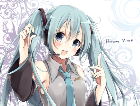 Hatsune Miku - aqua, headset, music, anime girl, white, face, amazing, art, cool, aqua eyes, artistic, hatsune miku, detached sleeves, song, stunning, vocaloids, program, vocaloid, beautiful, uniform, blush, diva, beauty, nice, twintail, singer, aqua hair, black, virtual, pretty, idol, anime, miku, cute, twin tail, girl, cg, hatsune, microphone, blue, headphones, tie, awesome, smile, digital, gray, outfit