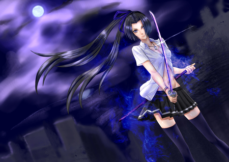 Night Moon Sword - hot, female, night moon sword, anime girl, black hair, cool, cloud, full moon, katana, castle, sword, sexy, thighhigh, fighter, long hair, night, school uniform