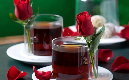 romantic - nice, love, drink, cups, roses, tea, rose, gentle, picture petals, cake, romance, elegantly, harmony