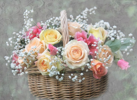 Basket of roses - flowers, roses, colorful, basket, beauty, spring, colors, bouquet