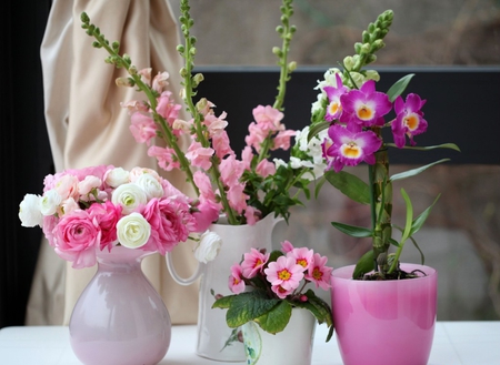 Colors of spring - beauty, roses, brightness, spring, vase, white, purple, pink, flowers