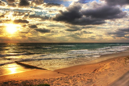 Beach Sunset - water, clouds, beach, sunset, sea