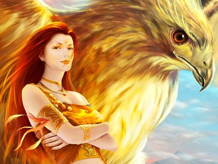 The Lady and the bird - bird, beautiful, beauty, colors, re, fantasy, eagle, animal, lady