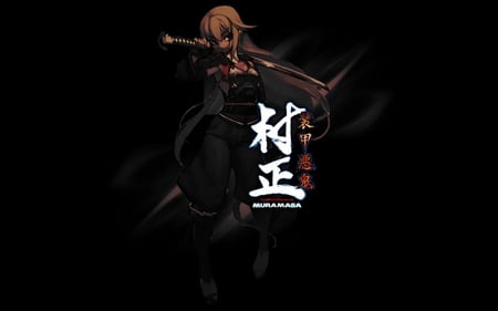 Ashikaga Chachamaru - female, ashikaga chachamaru, long hair, chachamaru ashikaga, black background, blonde hair, katana, anime, sword, weapons, soukou akki muramasa