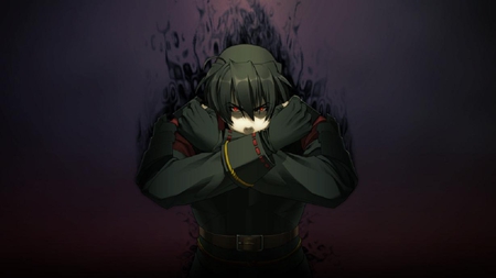 Minato Kageaki - dark background, belt, anime, kageaki minato, crossed arms, red eyes, minato kageaki, male, solo, soukou akki muramasa, shoulder guard, black hair, lone