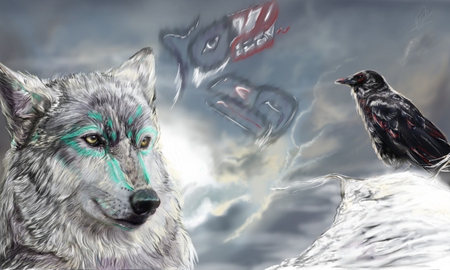 Wolf and Raven - painting, fairytale, fantasy, animals