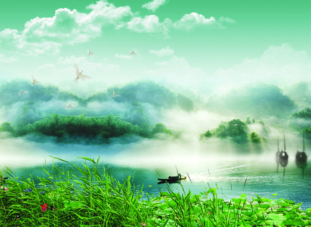 scenery - sky, lake, spring, pigeon, blue, scenery, green, boat, landscapes