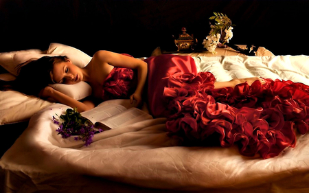 Sleeping beauty - beautiful girl, book, red dress, beauty, sweet dreams, dreams, flowers, bed, lady, purple, gorgeous dress, pillow