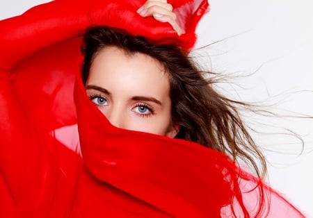 Veiled in red - veil, passionate, beautiful girl, hot, eyes, beauty, hair, lips, stare, red, blue eyes