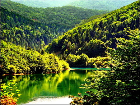 Mountain river - slope, mountain, peaceful, mirrored, nature, reflection, emerald, river, green