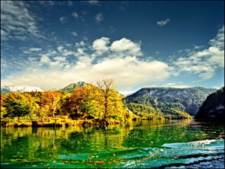 Emerald river - sky, mountain, trees, water, stream, summer, waves, nature, clouds, river, emerald, green