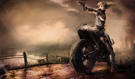 anime - gun, girl, darknes, anime, long hair, weapon, motorbike