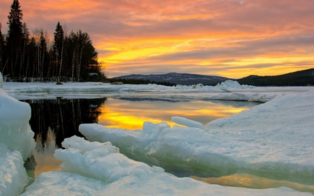 beautiful sky in winter - sky, lake, trees, ice