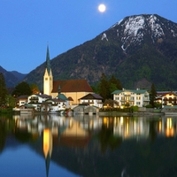 church reflected in lake