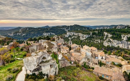 village on a rocky mountain top - mountains, village, ancient, rocks