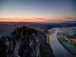 village on the river at dusk