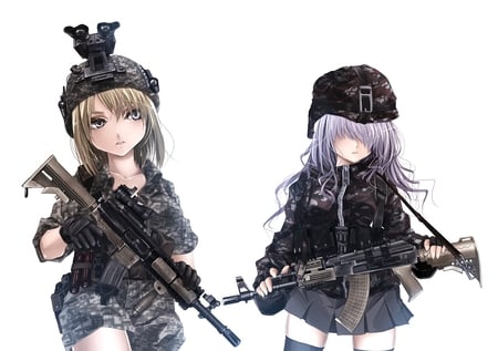 anime - girls, dark, anime, gun, terabyte, call of duty, girl, white, hat, skirt, weapon