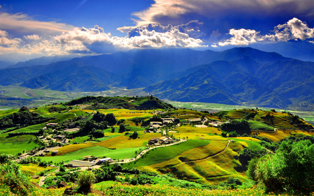 lots of sunlight over the valley - mountains, valley, sunlight, farms