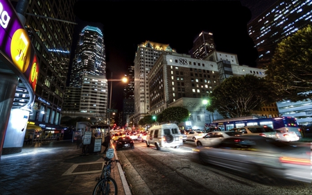 street in motion in the night - vehicles, street, movement, city, skyscrapers