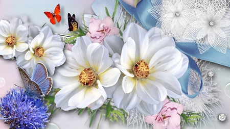 Joyful Spring - diamonds, feathers, blue, lace, jewels, ribbon, flowers, butterflies