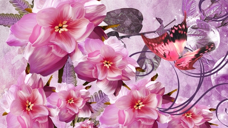 Painted Pink Flowers - flowers, purple, butterflies, pink, scrolls, leaves