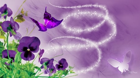 Purple Prize Pansies - angel dust, dazzle, shine, sparkle stars, pansies, pansy, purple, flowers, butterflies