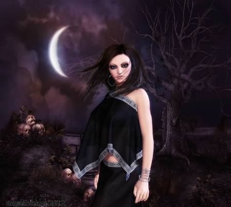 come with me - half moon, skulls, fantasy, girl, gothic, tree, dark