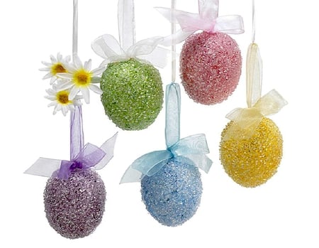 Pastle eggs - eggs, yellow, blue, pastle, daisy, decorative, pink, crystal, flowers, daisies, purple, red, green, bute, ribbon, bow