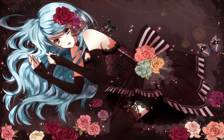 Hatsune Miku - aqua, hot, music, anime girl, stockings, white, art, amazing, cool, aqua eyes, artistic, hatsune miku, sexy, leggings, song, stunning, vocaloids, program, vocaloid, pink, beautiful, diva, dress, beauty, nice, twintail, singer, aqua hair, black, virtual, pretty, idol, anime, miku, cute, twin tail, black dress, girl, cg, hatsune, blue, awesome, flowers, digital