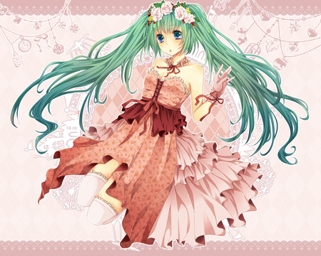 Hatsune Miku - hatsune miku, twin tails, girly, anime, kimono, flowers, dress