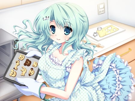 Yanase Satsuki - cg, game, blue hair, girl, cute, apron, cook, lover able