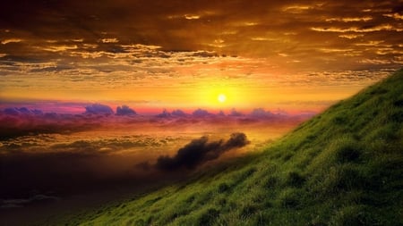 colorful sunrise above the clouds - mountains, sunrise, clouds, grass