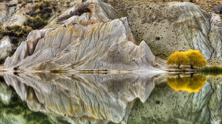 white cliffs reflected - cliffs, lake, trees, reflection