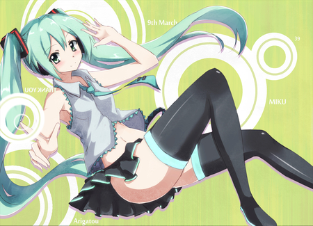 anime - hatsune miku, girl, vocaloid, anime, long hair, green, legs