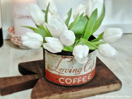 ♥Spring in the kitchen♥ - wood, original, fashion, entertainment, spring, pure, light, precious, floral design, fresh, centerpiece, forever, coffee, sunshine, morning, bouquet, white, tulips, green, arrangement, bright, kitchen, shine